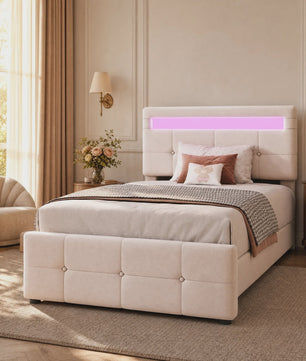 Kinderbed 90x200 cm Beige Velours met LED Verlichting, Hydraulische Opbergruimte en Verstelbaar Hoofdbord