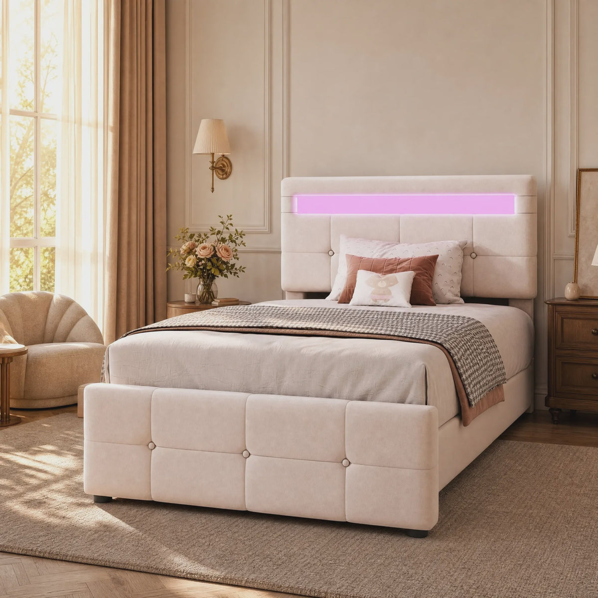 Kinderbed 90x200 cm Beige Velours met LED Verlichting, Hydraulische Opbergruimte en Verstelbaar Hoofdbord