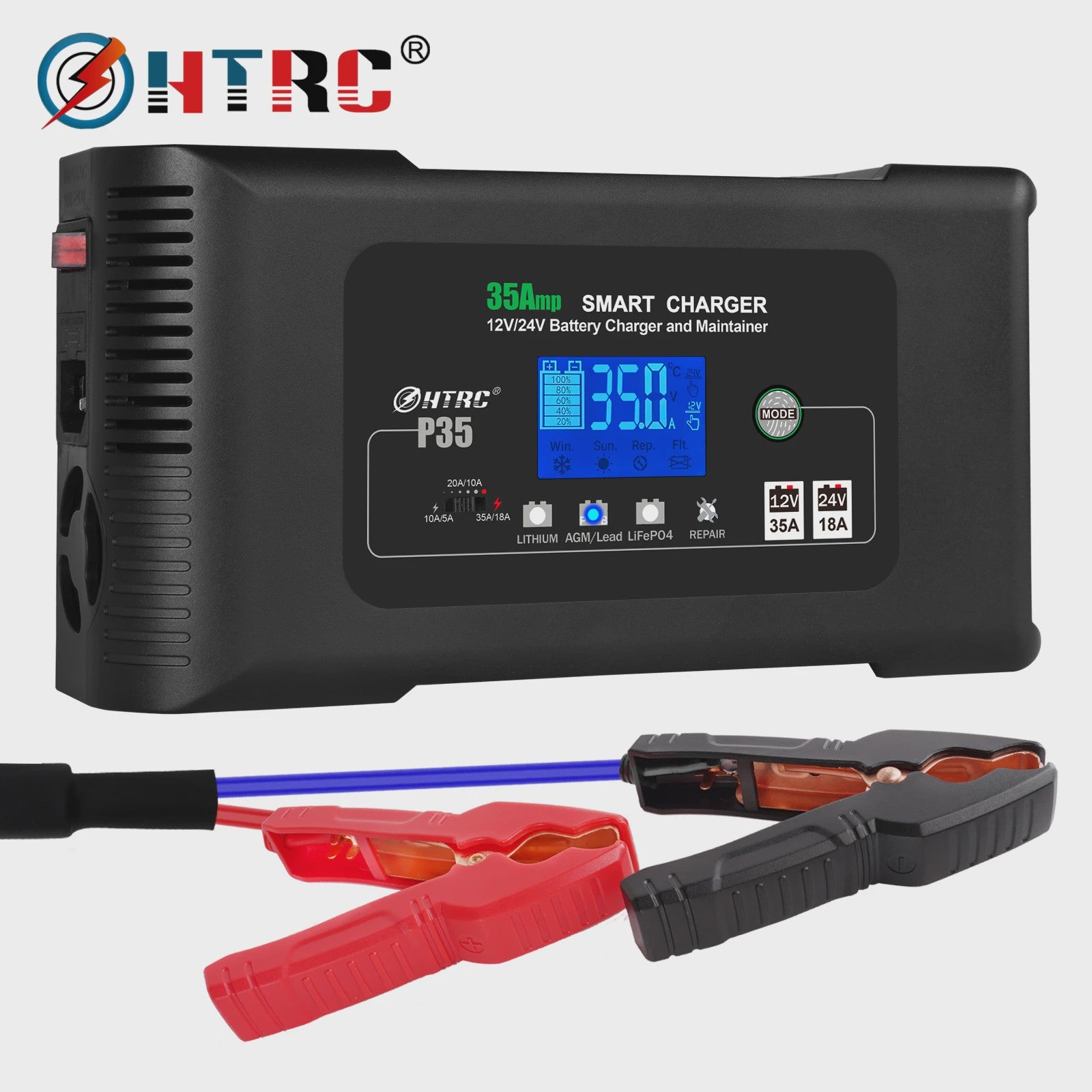 HTRC 35A Slimme Acculader 12V/24V voor Auto, Motor, Vrachtwagen - AGM, GEL, LCD Display