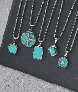 Vnox Heren Turquoise Hanger Ketting - RVS Boxketting, Vintage Stijl
