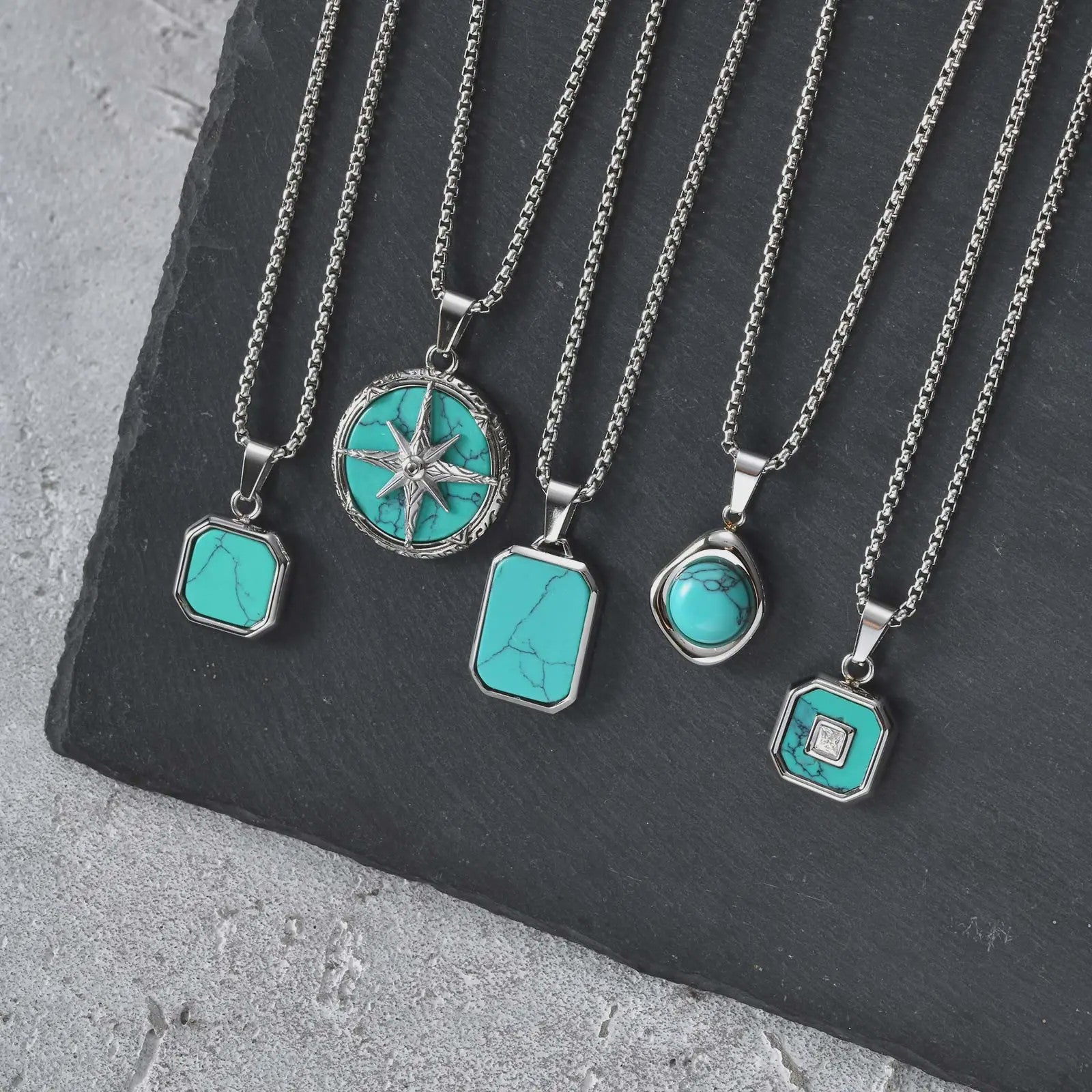 Vnox Heren Turquoise Hanger Ketting - RVS Boxketting, Vintage Stijl