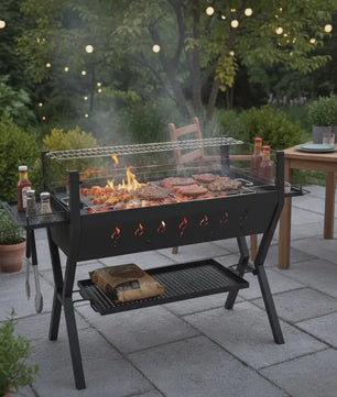 Stevige Zwarte Houtskool BBQ Grill met Windscherm en Kruidenrek - Perfect voor Tuinfeesten