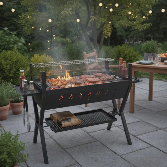 Stevige Zwarte Houtskool BBQ Grill met Windscherm en Kruidenrek - Perfect voor Tuinfeesten