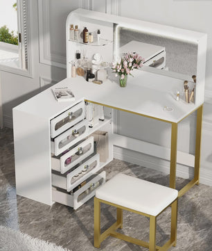 Kaptafel met Verlichting en Spiegel, Wit Chipboard, Inclusief Krukje en Lades