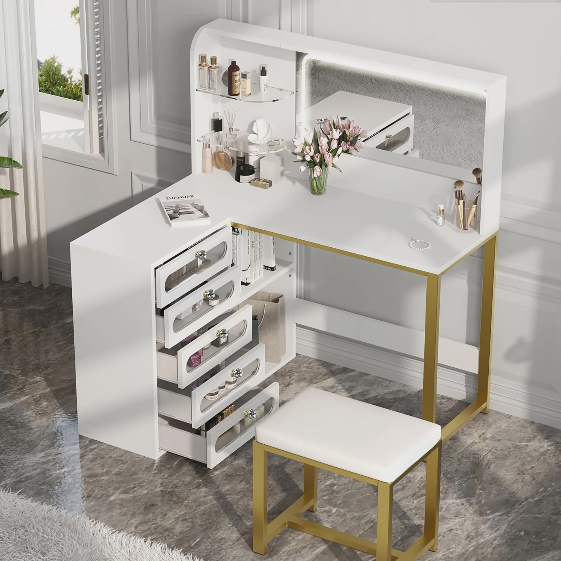 Kaptafel met Verlichting en Spiegel, Wit Chipboard, Inclusief Krukje en Lades