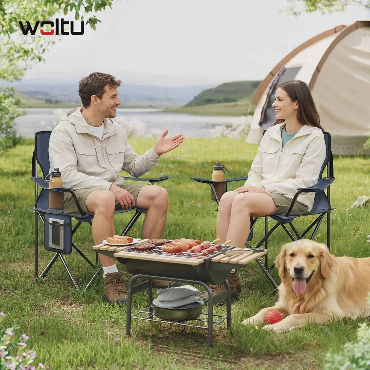 Set van 2 Campingstoelen met Drankhouder en Zijvak - Inclusief Draagtassen