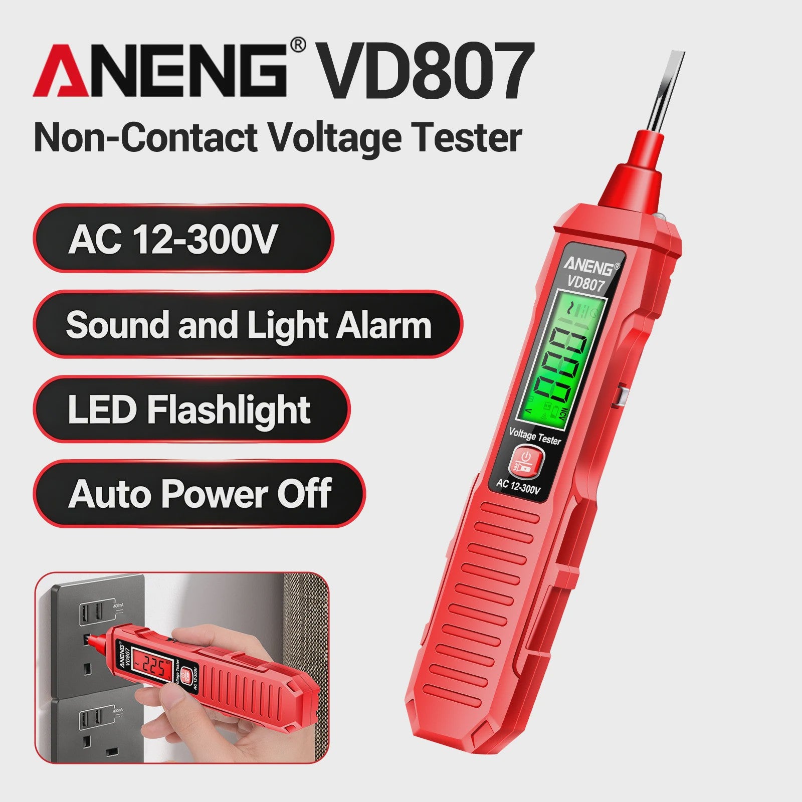 ANENG VD807 Spanningsmeter Pen: 12-300V AC, Contact/Non-Contact Nul/Fase Detector met LED Zaklamp