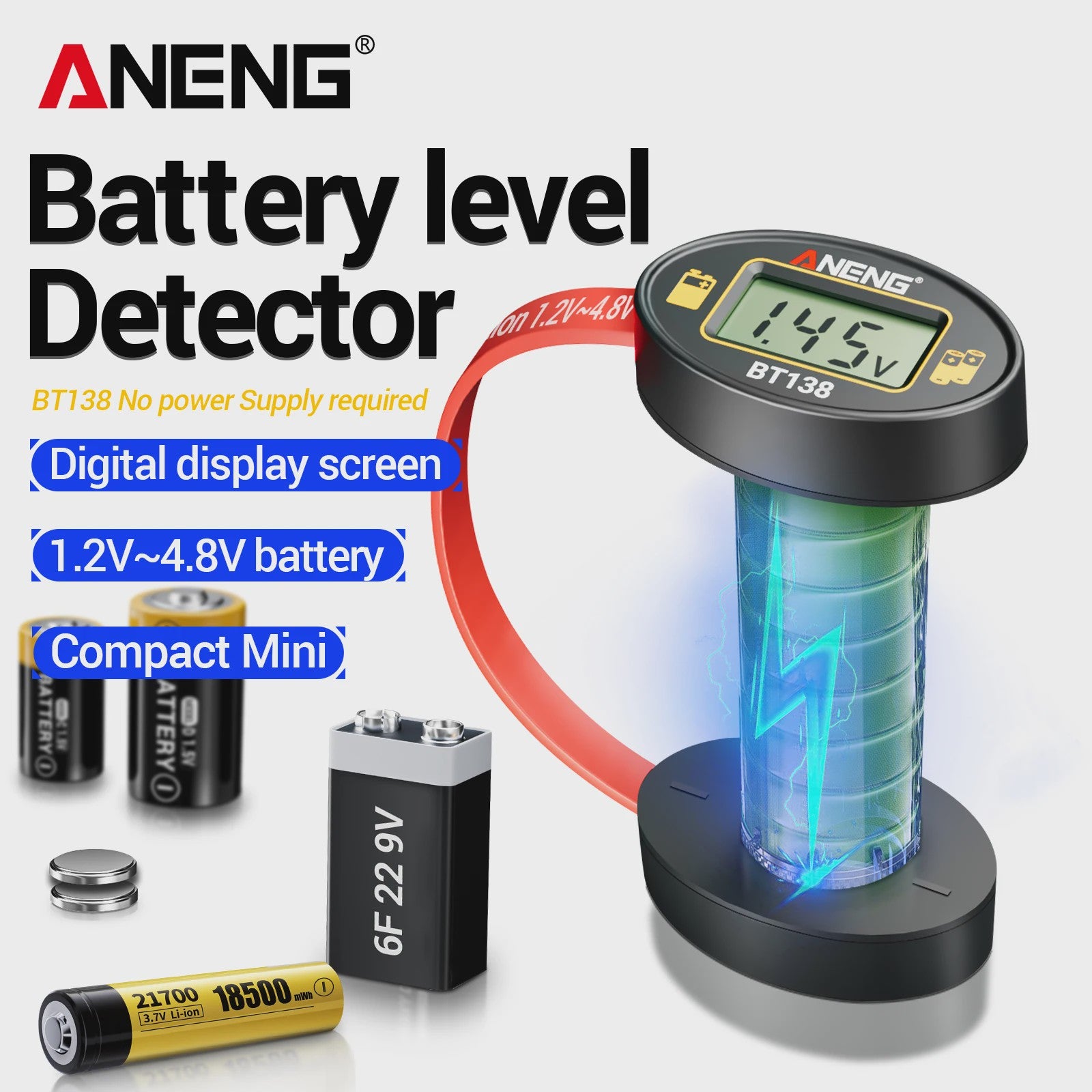 ANENG BT138 Universele Batterij Tester met LCD - Meet AA, AAA, C, D, 9V, Lithium & Knoopcel Batterijen