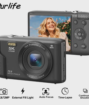 Ourlife Compacte Digitale Camera 5K 72MP met 16x Zoom - Ideaal voor Vlogs en YouTube