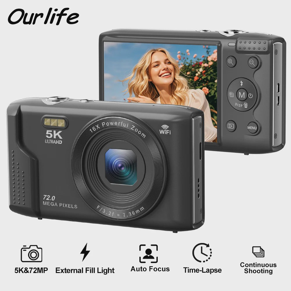 Ourlife Compacte Digitale Camera 5K 72MP met 16x Zoom - Ideaal voor Vlogs en YouTube