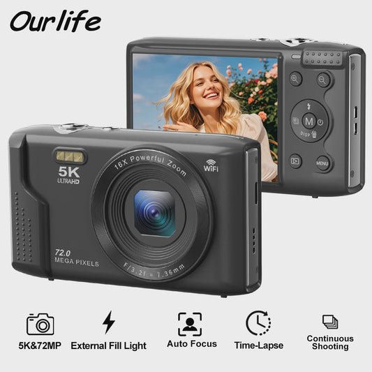 Ourlife Compacte Digitale Camera 5K 72MP met 16x Zoom - Ideaal voor Vlogs en YouTube