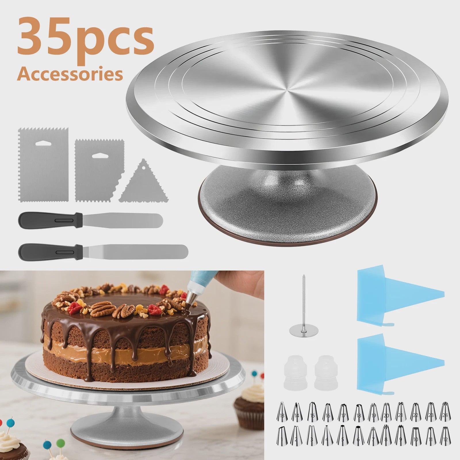 Professionele Taartdraaitafel Set - 12 Inch Aluminium Draaiplateau met Decoratiegereedschap