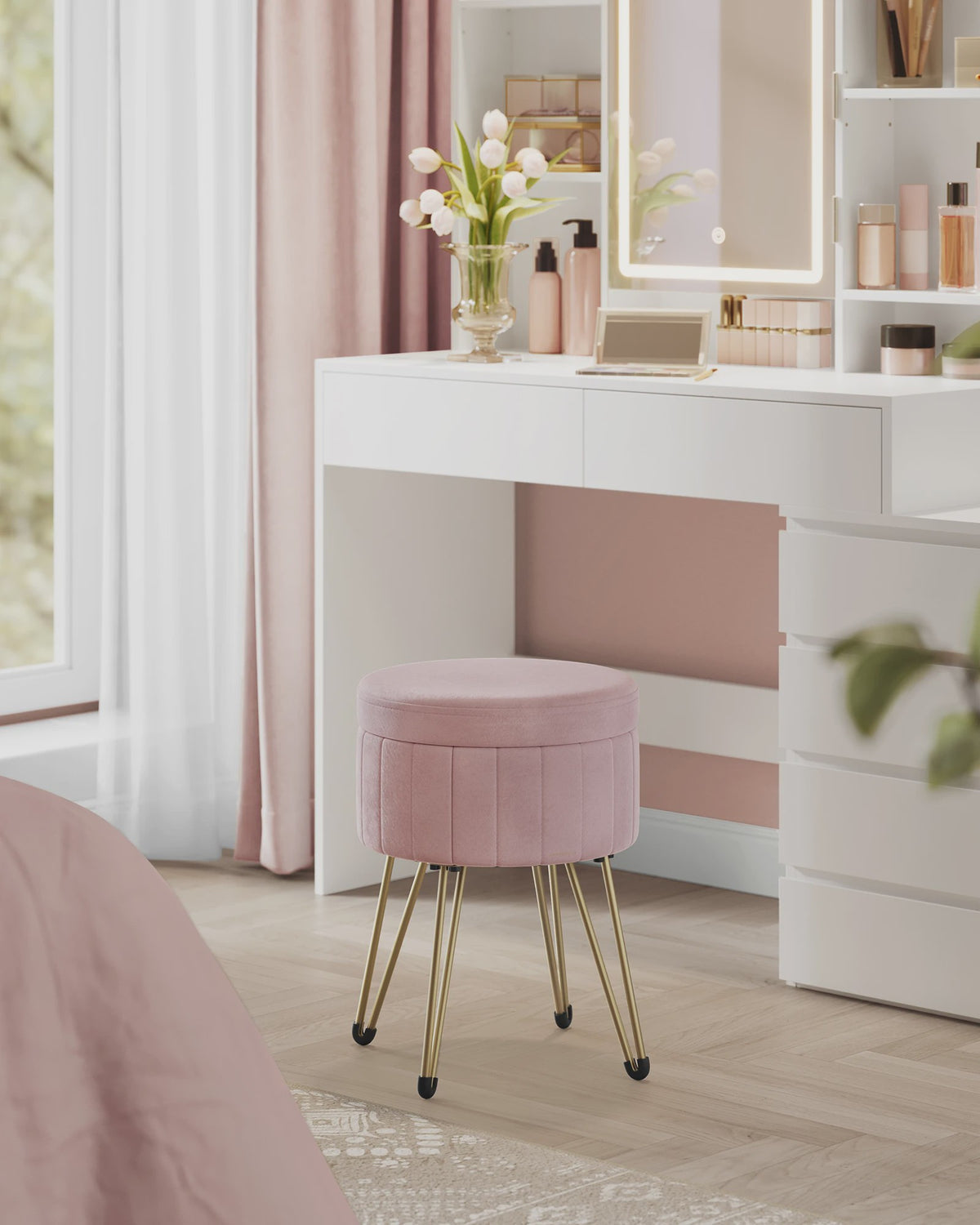 Verstelbare Fluwelen Poef met Opbergruimte en Metalen Poten - Elegant & Comfortabel