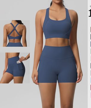 Dames Yoga Set: Sportieve Kleding met Hoge Taille Shorts en Sportbeha met Zakken
