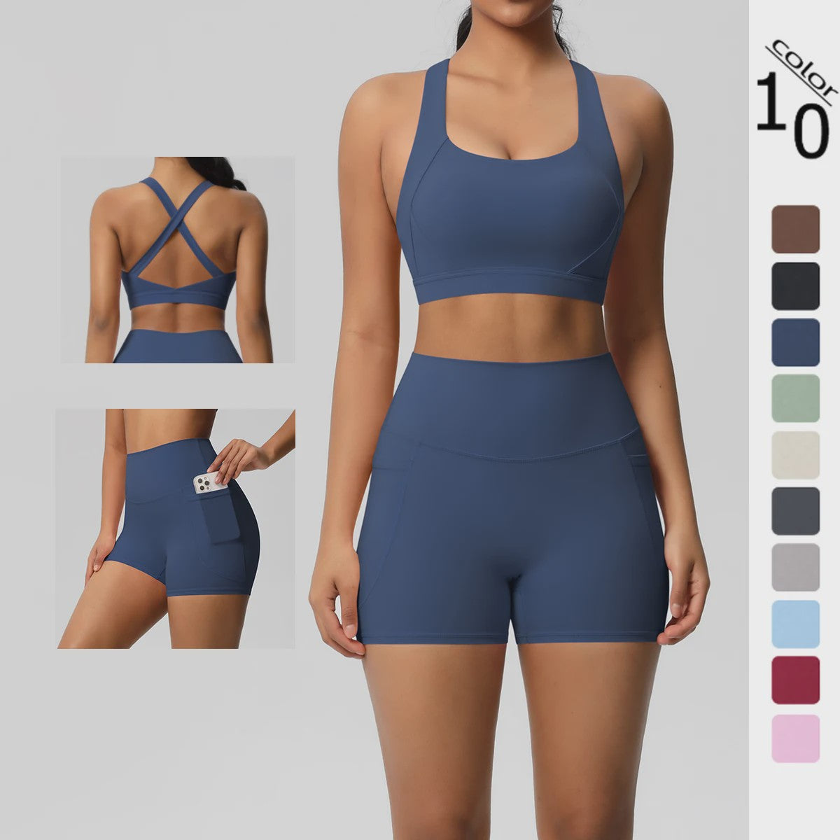 Dames Yoga Set: Sportieve Kleding met Hoge Taille Shorts en Sportbeha met Zakken