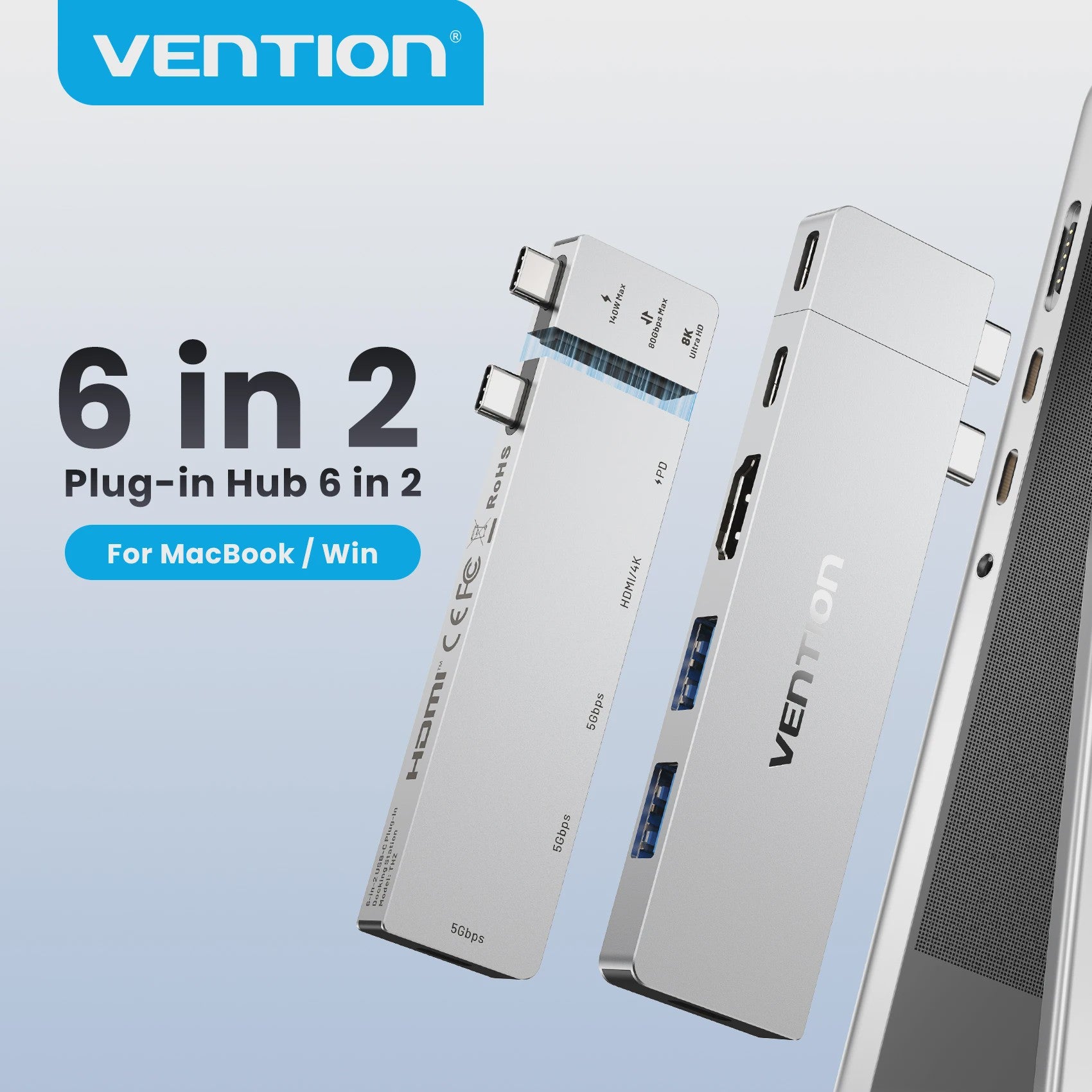 Vention Thunderbolt 4 Docking Station: 6-in-2 USB-C Hub met 8K@240Hz, 80Gbps, 140W PD en HDMI 4K@60Hz