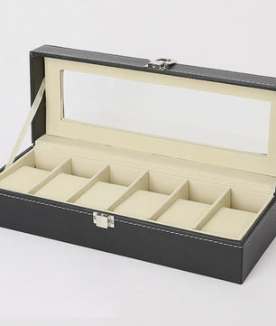 Luxe PU Leder Horlogedoos met Glazen Deksel - 6 Vakken