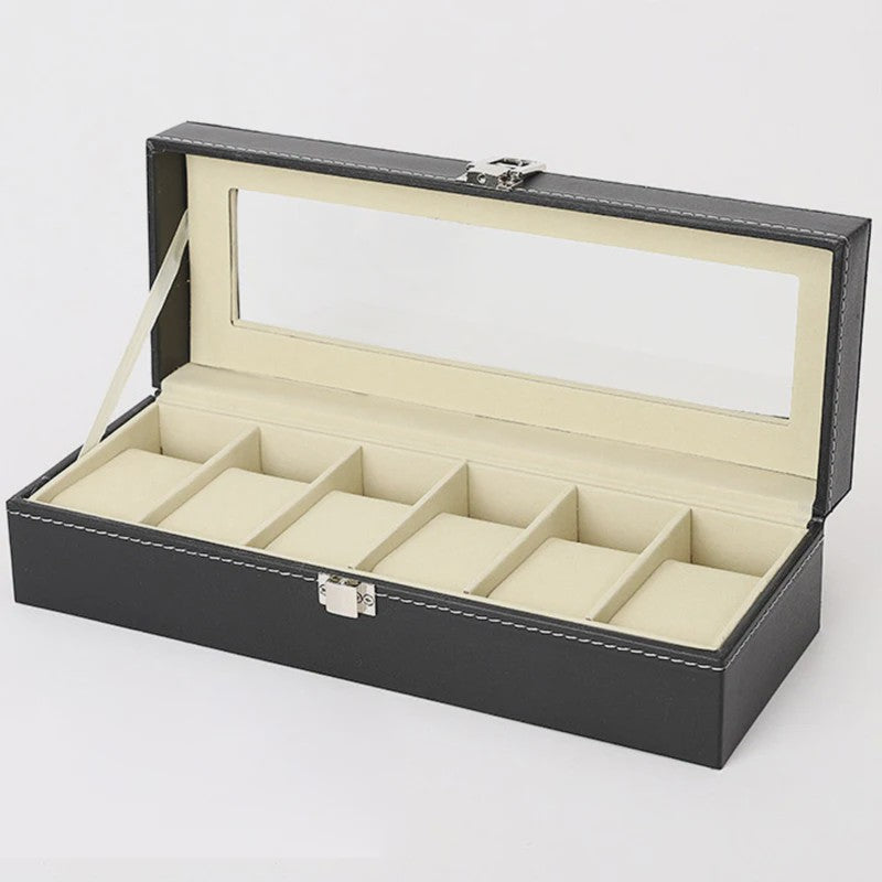 Luxe PU Leder Horlogedoos met Glazen Deksel - 6 Vakken