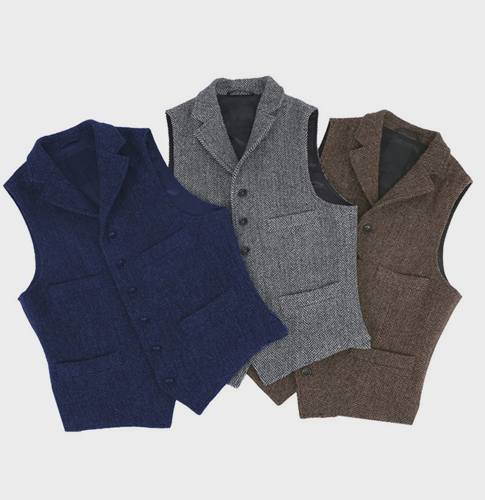 Herentrui Gilet Wol Tweed Visgraat Bruin - Klassiek Gilet voor Bruiloft & Feest