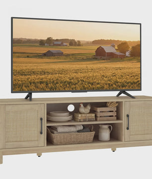 Stijlvol TV Meubel 135cm met Rotan Deuren & Open Vakken - Oak Look - Tot 65 Inch