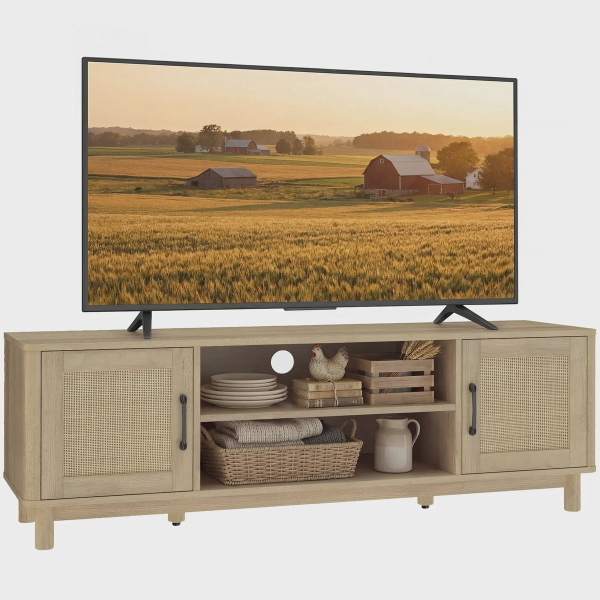 Stijlvol TV Meubel 135cm met Rotan Deuren & Open Vakken - Oak Look - Tot 65 Inch