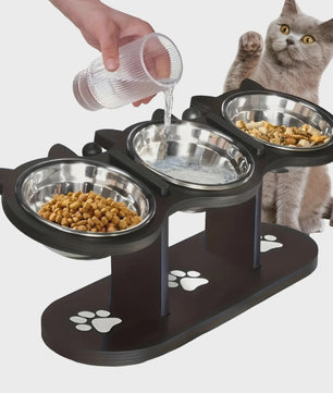 Verhoogde Kattenvoerbak met Houten Standaard & 3 RVS Bakjes - 15° Schuin