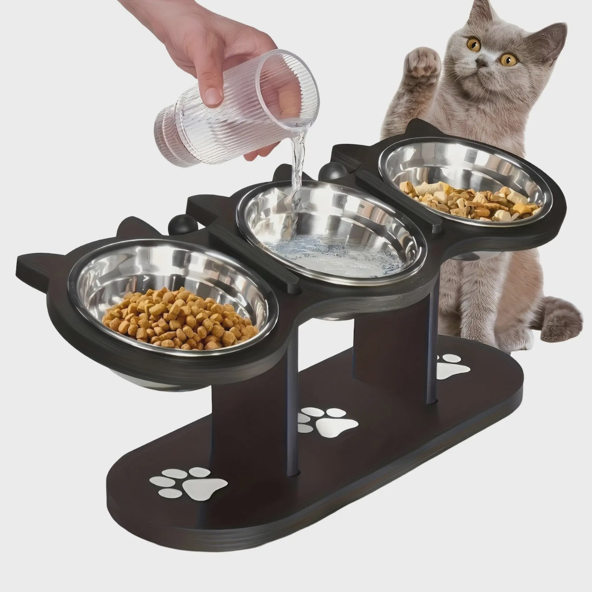 Verhoogde Kattenvoerbak met Houten Standaard & 3 RVS Bakjes - 15° Schuin