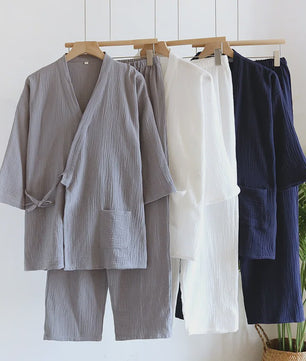 Luxe Katoenen Kimono Pyjama Set Heren - 2 Delig met Lange Broek en Zakken