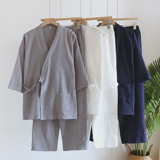 Luxe Katoenen Kimono Pyjama Set Heren - 2 Delig met Lange Broek en Zakken