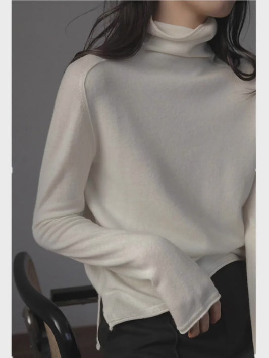 Casual all-fit Pile neck cashmere knitwear Women's Fall/Winter loose-fitting base sweater with turtleneck with cardigan