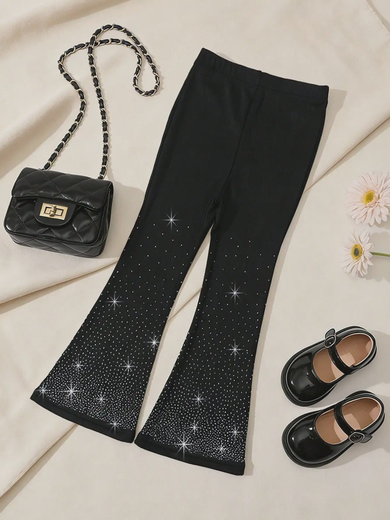 1/3Pcs Girls Sparkle Rhinestone Flare Pants 2-11Y Kids Elastic Waist Bell Bottom Trousers Polyester Spandex Casual Long Pants