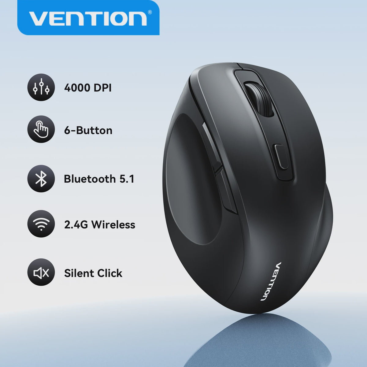 Vention Ergonomische Draadloze Muis: Bluetooth 5.1 & 2.4G Dual-Mode, 4000 DPI, Stille Knoppen