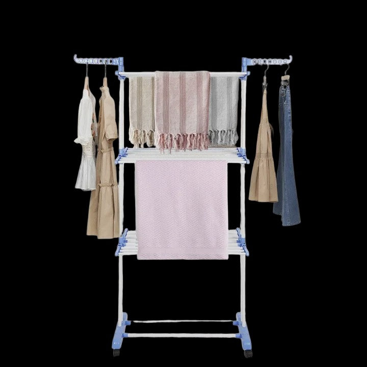 3-Laags Kledingrek op Wielen - Dubbele Stang, Opvouwbaar Droogrek voor Binnen & Buiten - 75x64x170cm