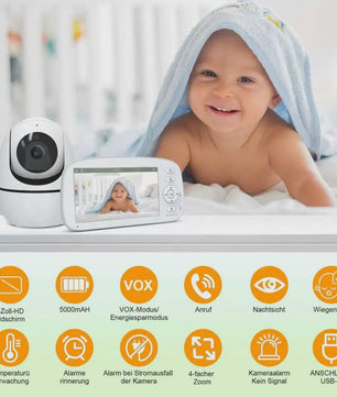 Babyfoon met 5000 mAh accu, HD Video, 360° Zicht & Temperatuurmeter