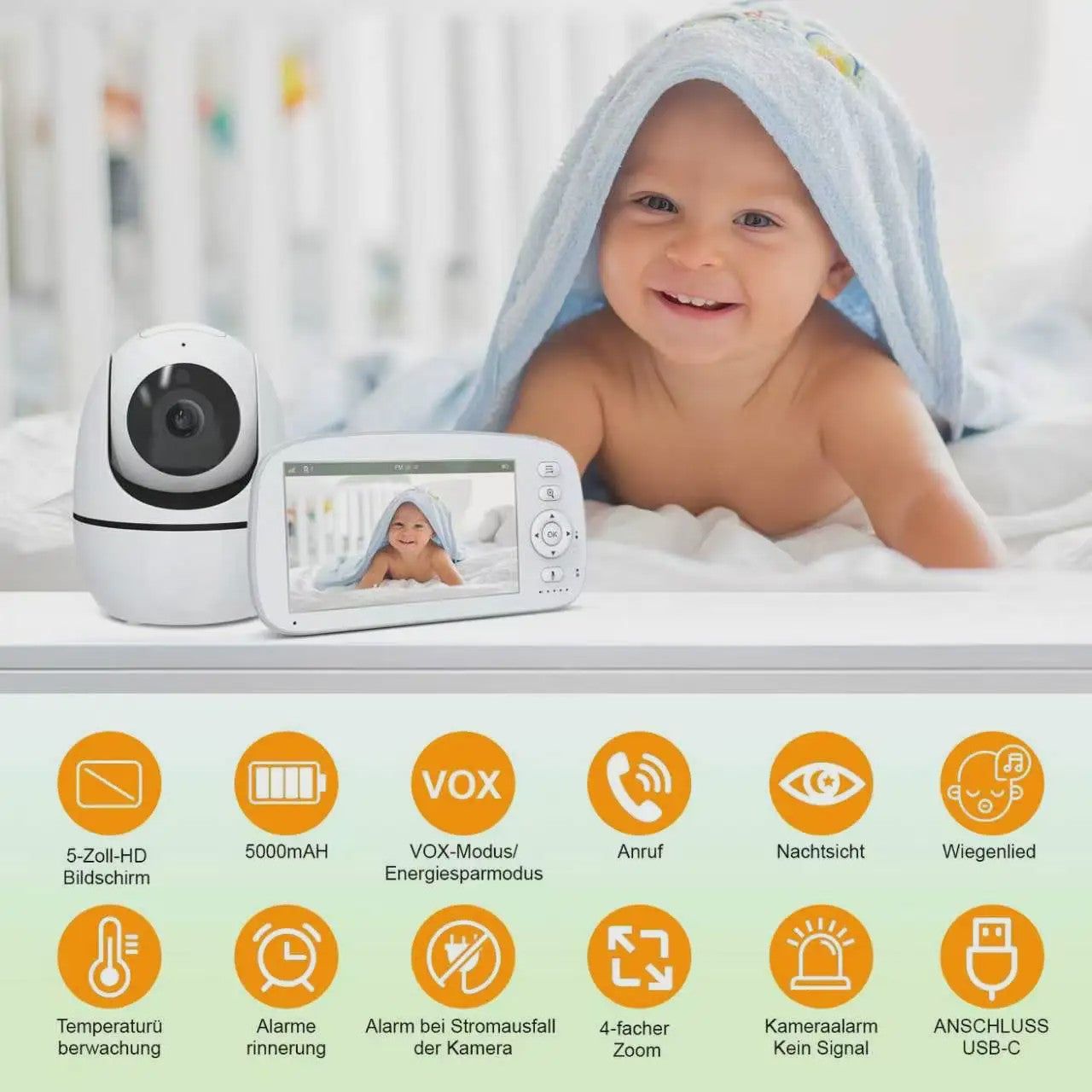 Babyfoon met 5000 mAh accu, HD Video, 360° Zicht & Temperatuurmeter