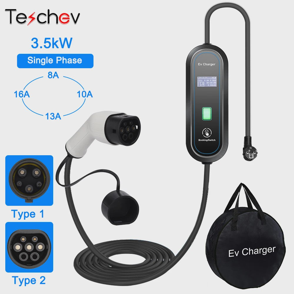 Teschev 3.5KW Draagbare EV Oplader - Type 2 & Type 1, 16A, IP65 Waterdicht