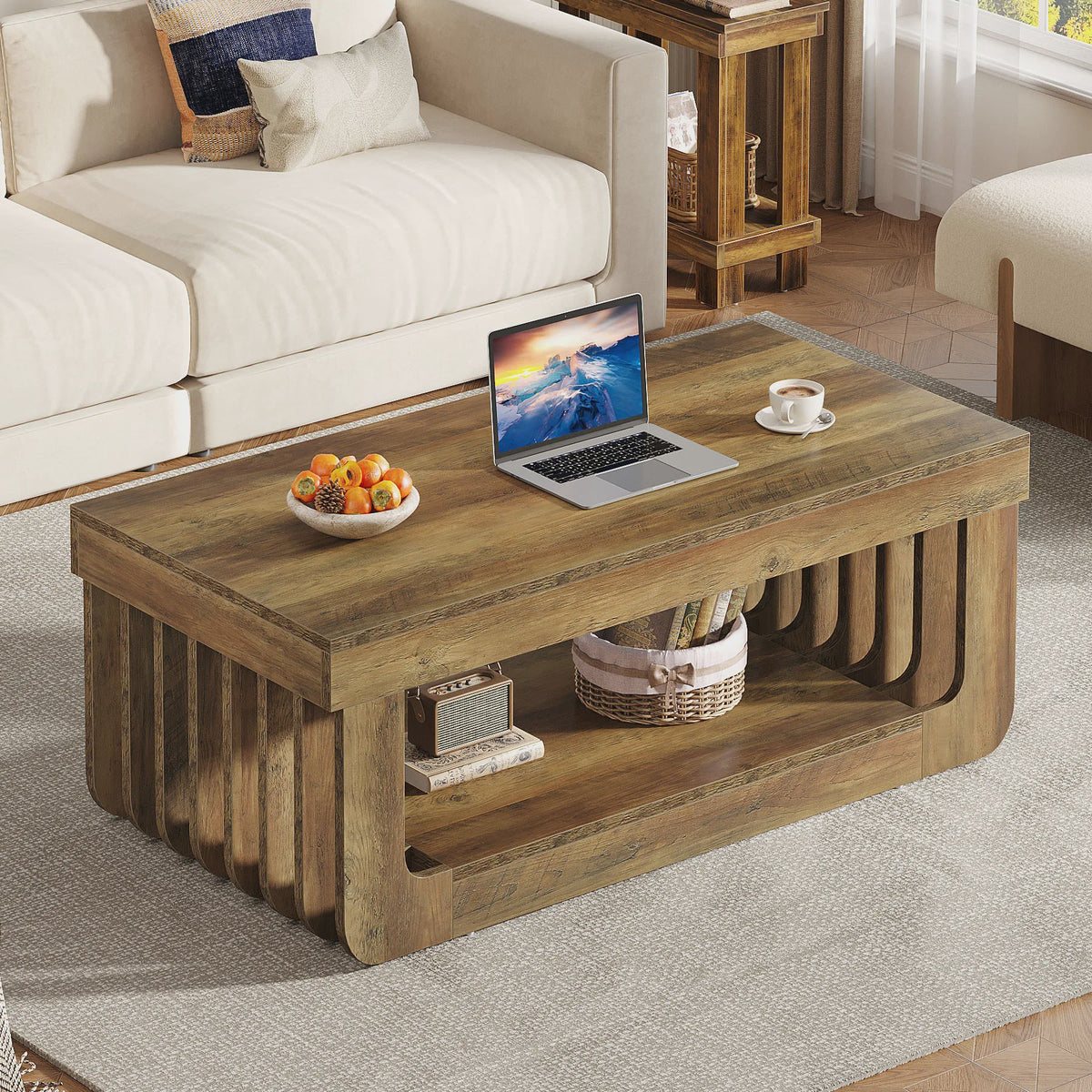 Houten Salontafel met 2 Niveaus en Opbergruimte - 120 cm Breed
