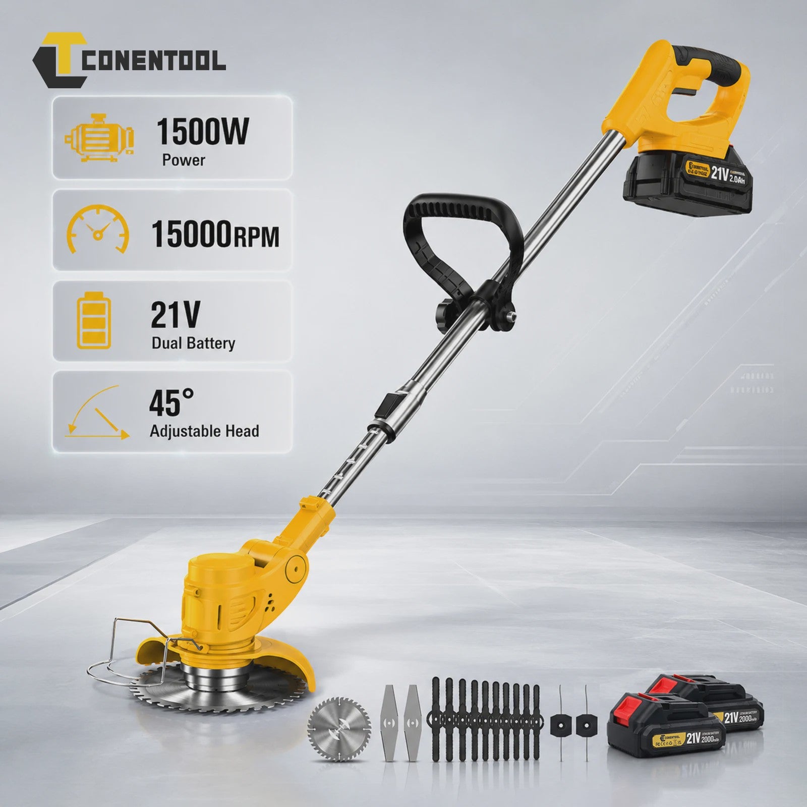 Accu Grastrimmer CONENTOOL 21V - 1500W Krachtige Bosmaaier met Telescoopsteel & 2 Batterijen