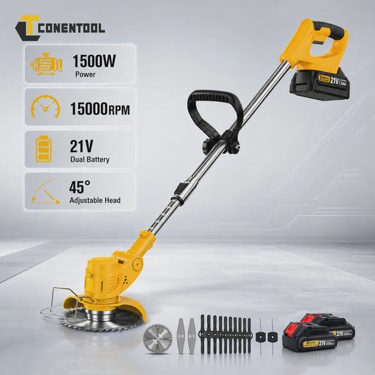 Accu Grastrimmer CONENTOOL 21V - 1500W Krachtige Bosmaaier met Telescoopsteel & 2 Batterijen