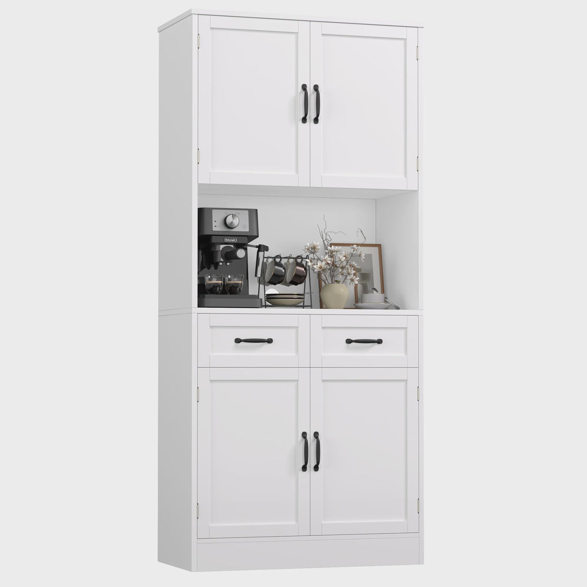 Stijlvolle Witte Keukenkast 180cm - Buffetkast met Aanrechtblad, Voorraadkast met 4 Deuren & 2 Lades