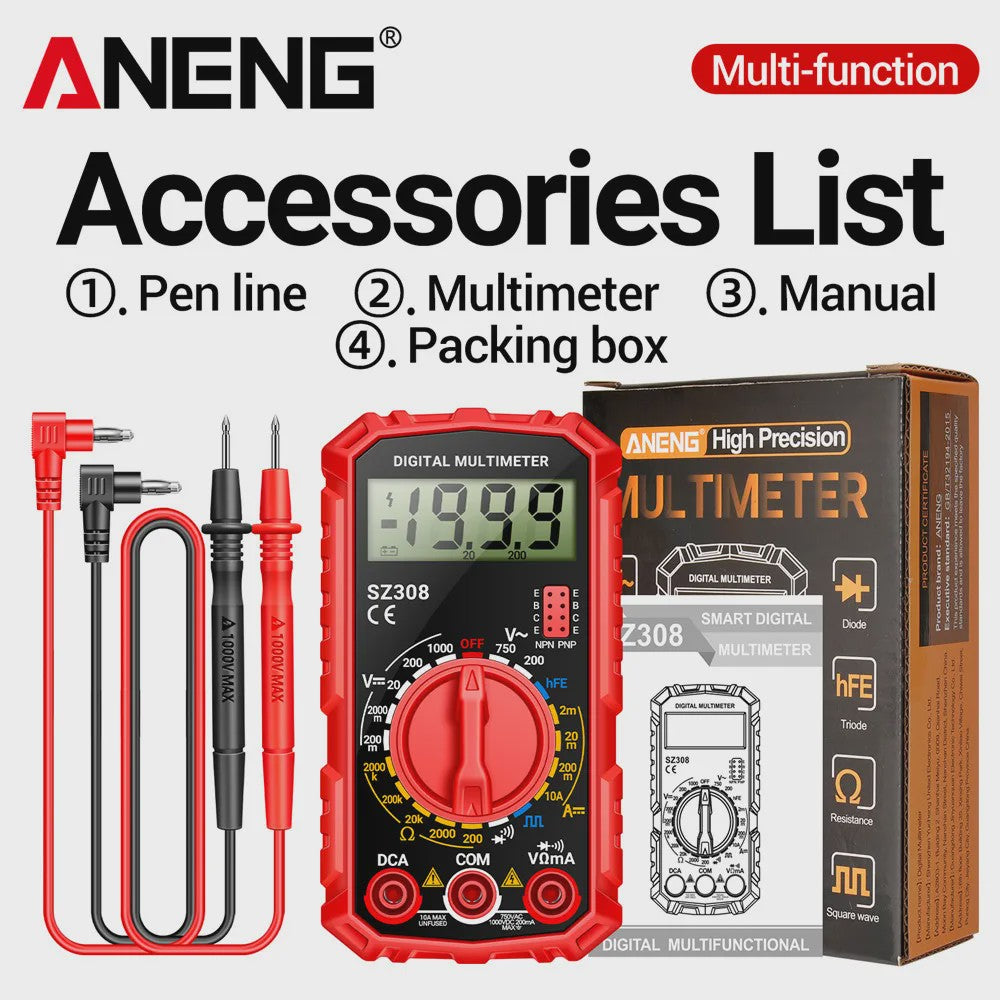 ANENG SZ308 Digitale Multimeter: AC/DC Metingen, Weerstand, LCD Scherm & Vierkante Golf Test