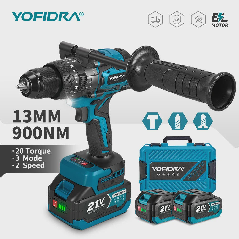 YOFIDRA 21V Brushless Accuboormachine 900Nm 13mm - Krachtige Boor- en Schroefmachine