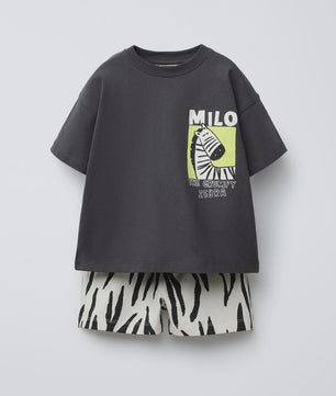 Zomerse Jongens Set: T-shirt met Korte Mouwen en Shorts - Dierenprint & Cartoon Stijl