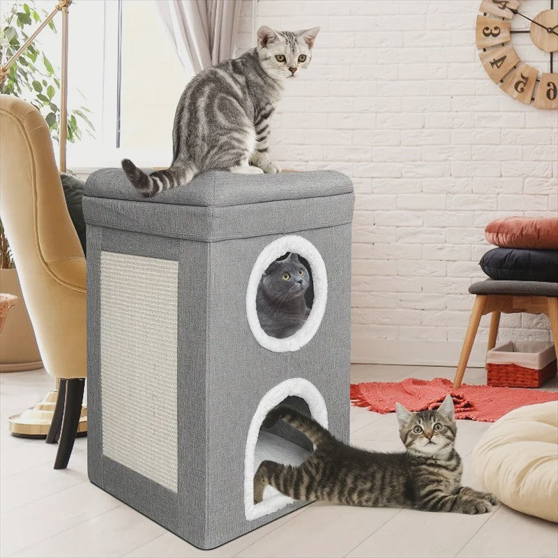 2-Laags Kattenhuis met Krabpaal en Hangend Speeltje - Comfortabel & Veilig