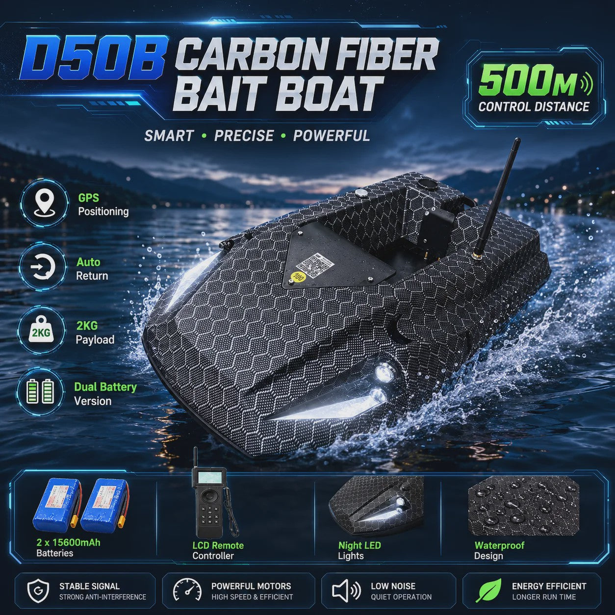 D50B Carbon Fiber GPS Voerboot met Dubbele 15600mAh Batterij - Krachtige RC Visboot