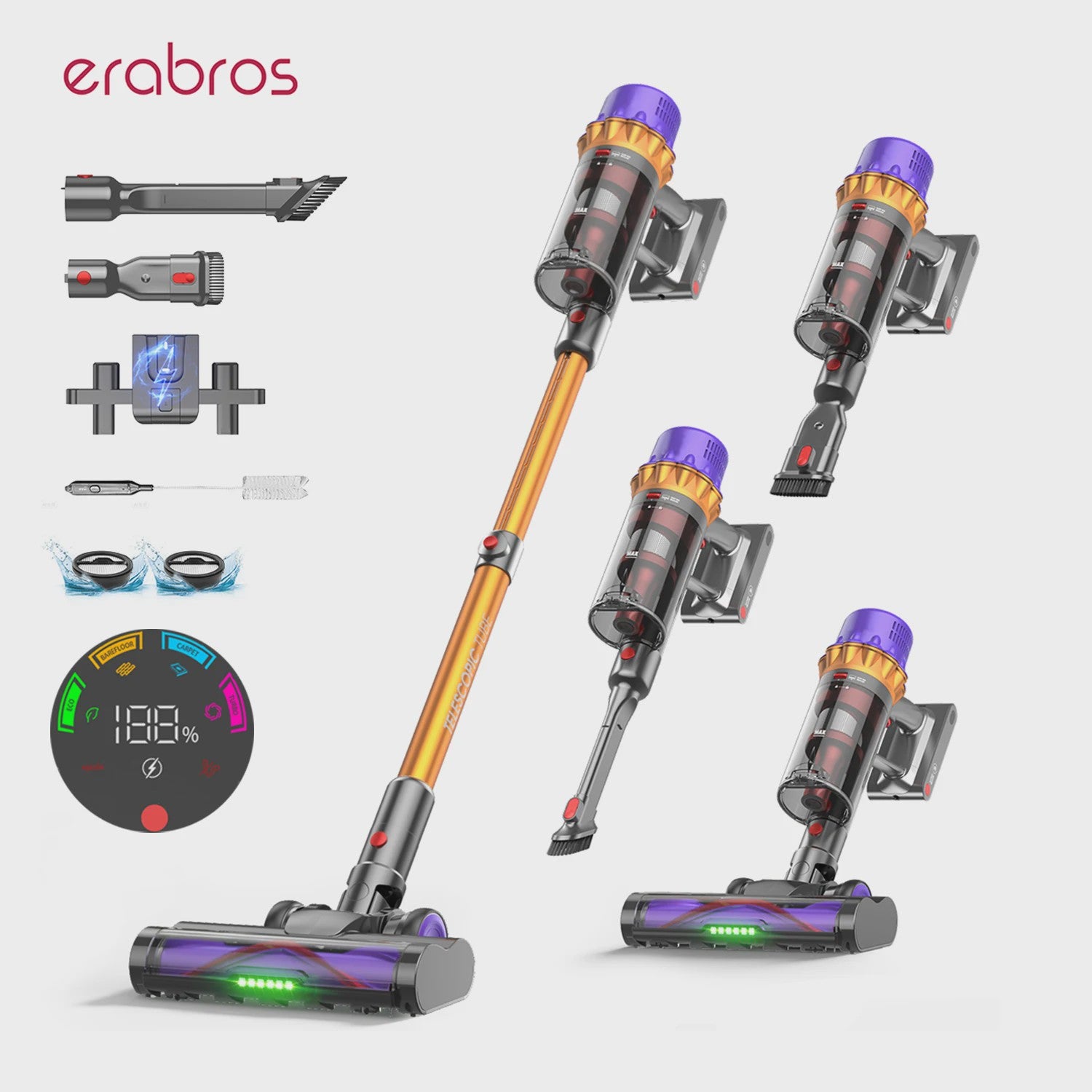 Erabros EV5 Draadloze Steelstofzuiger - 550W Krachtig, 80 Min. Runtime, Slim Display