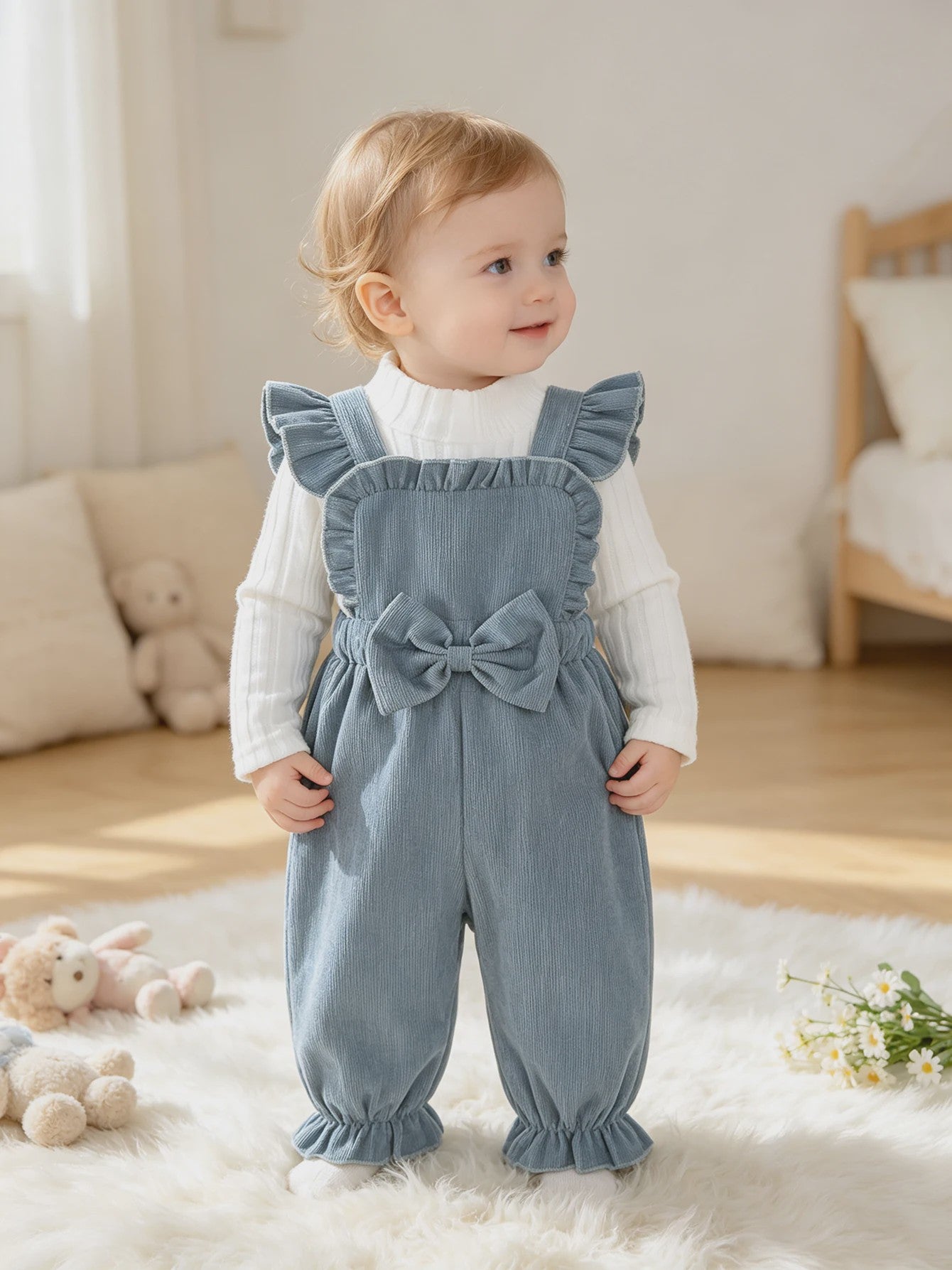 Schattige Baby Outfit: Witte Lange Mouwen Top met Blauwe Overalls en Strik
