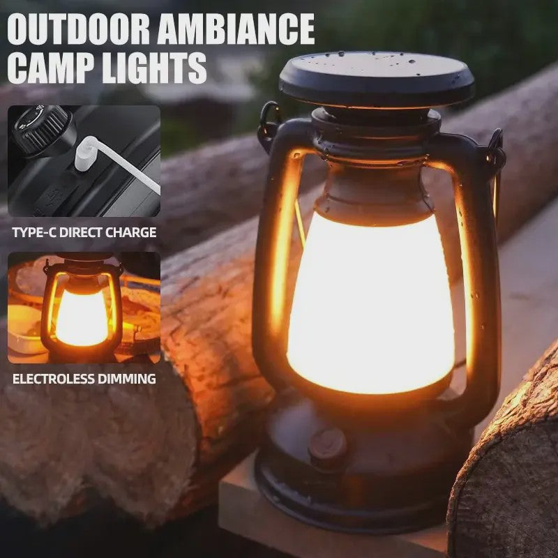 Retro Camping Lantaarn met Sfeerverlichting - Oplaadbaar & Dimbaar