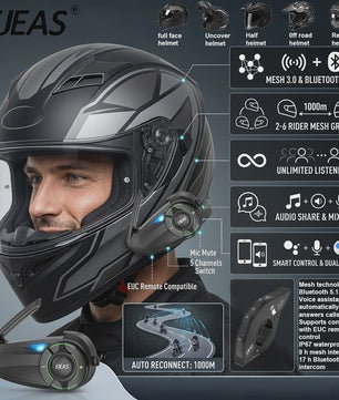 EJEAS Q8 Motorhelm Intercom Systeem - Bluetooth 5.1 Mesh 3.0, APP Bediening