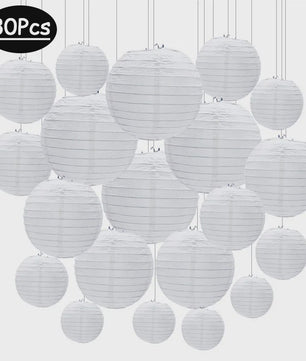 30 Stuks Witte Papieren Lampionnen Set - Ronde Chinese Hangende Decoratie voor Feesten